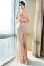 Sexy Gold Sequins High Leg Slit Straps Formal Dress, Sequins Long Party Dress Prom Dress