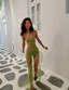 Green Sheath Spaghetti Strap Beaded Tulle Prom Dresses Prom Dresses With Slit