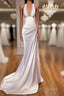 Halter V Neck Mermaid Prom Dresses Ruffle Satin Long Prom Dresses