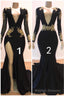 Sexy Long Sleeves Black Mermaid Prom Dress Sequins Long Deep V-neck With Split