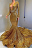 Sexy Long Sleeves Gold Mermaid Prom Dress Sequins V Neck Backless Long
