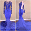 Long-Sleeves Mermaid Backless Royal-Blue Prom Dress