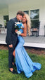 Mermaid Blue Slit Prom Dresses Birthday Outfits
