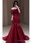 Sexy Mermaid Off The Shoulder Burgundy Satin Floor Length Prom Dress