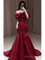 Sexy Mermaid Off The Shoulder Burgundy Satin Floor Length Evening Dress Prom Dresses