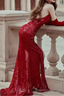 Sexy Mermaid Prom Dresses Sequin Halter Red Prom Dresses
