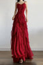 Mermaid Spaghetti Straps Red Chiffon Ruffles Birthday Dress Long Prom Dresses