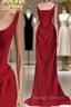 Sexy Mermaid Square Neckline Red Satin Floor Length Prom Dresses