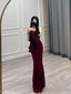 Mermaid Strapless Long Burgundy Velvet Prom Dresses