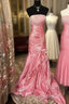 Sexy Mermaid Strapless Pink Satin Long Evening Dress Party Dress Prom Dresses
