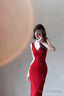 Mermaid V Neckline Christmas Dresses Red Satin Prom Dress Birthday Outfits