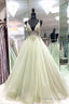 Sexy Plunge Sage Green Tulle Long Formal Dress Party Prom Dress With Open Back
