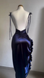 Sheath Column Spaghetti Straps Navy Blue Backless Satin Prom Dresses