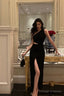 Sexy Sheath One Shoulder Black Slit Long Prom Dresses Evening Dress