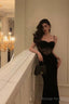 Sheath Spaghetti Straps Sleeveless Black Velvet Prom Dress Birthday Outfits