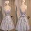 Sexy Short A-Line Deep V Neck V-Back Sleeveless Lace Up Back Organza Appliques Homecoming Dress