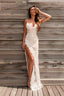 Spaghetti Straps Floor Length Backless Side Slit Appliques Prom Dresses