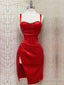 Straps Mermaid Sleeveless Satin Red Homecoming Dress With Side Slit