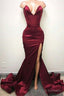 Sexy V Neck Chiffon Mermaid Prom Dress Long With Split Burgundy
