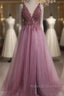 V Neck Split Tulle Long Beaded Dress