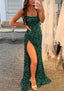 Sheath/Column Bateau Spaghetti Straps Long Dress Floor Length Velvet Sequins Prom Dress With Split