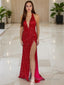 Sheath/Column Halter Sweep Train Sequins Prom Dresses With Leg Slit