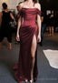 Sheath/Column Off-the-Shoulder Short Sleeve Sweep Train Satin Prom Dress With Pleated