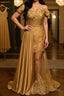 Sheath/Column Off-the-Shoulder Sweep Train Elastic Woven Satin Prom Dress With Appliques Lace