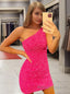 Sheath/Column One Shoulder Short Mini Velvet Sequins Homecoming Dresses