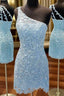 Sheath/Column One Shoulder Sleeveless Short Mini Lace Homecoming Dress with Beading