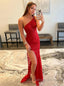 Sheath/Column One Shoulder Sweep Train Lace Prom Dresses With Leg Slit