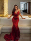 Sheath/Column Spaghetti Straps Sweep Train Silk like Satin Prom Dresses With Appliques Lace