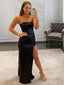 Sheath/Column Strapless Sweep Train Sequins Prom Dresses With Leg Slit