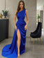 Sheath/Column Strapless Sweep Train Silk like Satin Prom Dresses With Leg Slit