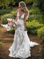 Sheath/Column V Neck Chapel Train Tulle Wedding Dresses With Appliques Lace