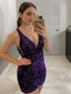 Sheath/Column V Neck Short Mini Velvet Sequins Homecoming Dresses