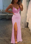 Sheath/Column V Neck Spaghetti Straps Long Dress Floor Length Velvet Sequins Prom Dress With Split