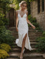 Sheath/Column V Neck Sweep Train Stretch Crepe Wedding Dresses With Leg Slit