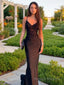 Sheath/Column V Neck Sweep Train Elastic Woven Satin Prom Dresses With Appliques Lace