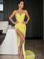 Sheath/Column V Neck Sweep Train Prom Dresses With Leg Slit