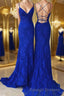 Sheath/Column V-neck Sweep Train Lace Prom Dresses