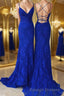 Sheath/Column V Neck Sweep Train Lace Prom Dress