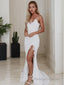Sheath/Column V Neck Sweep Train Lace Wedding Dresses With Leg Slit