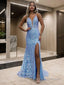 Sheath/Column V Neck Sweep Train Prom Dresses With Leg Slit