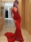 Sheath/Column V-neck Sweep Train Silk like Satin Prom Dresses