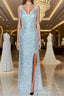 Sheath/Column V-neck Sweep Train Velvet Sequins Prom Dresses With Leg Slit