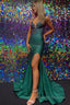 Sheath Deep V Neck Dark Green Long Prom Dress with Beading