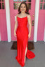 Sheath Spaghetti Straps Red Long Prom Dress with Split Front