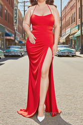 Sheath Square Neckline Sweep Train Red Plus Size Prom Dress With Pleated Split Formal Evening Dresses
