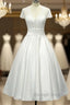 Sheer Back Satin Buttons Tea Length Cap Sleeves Wedding Dress